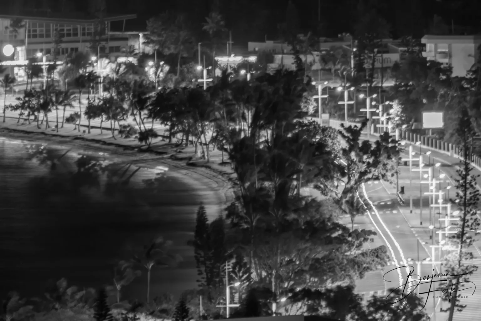 A bay and its promenade lit up at night, in black and white