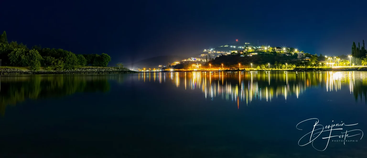 City lights reflected in the calm water of a bay at night